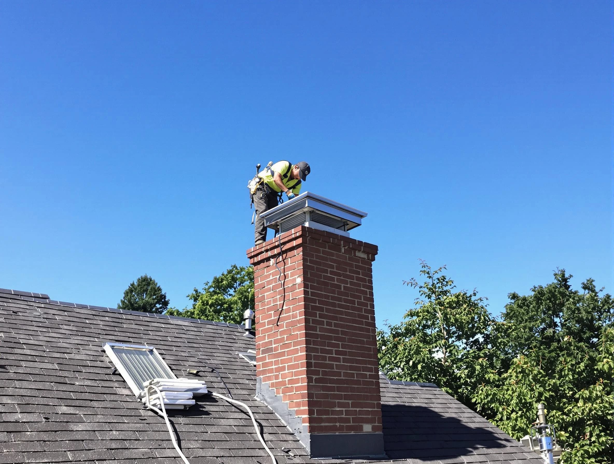 Mountain Brook Chimney Sweep technician measuring a chimney cap in Mountain Brook, AL